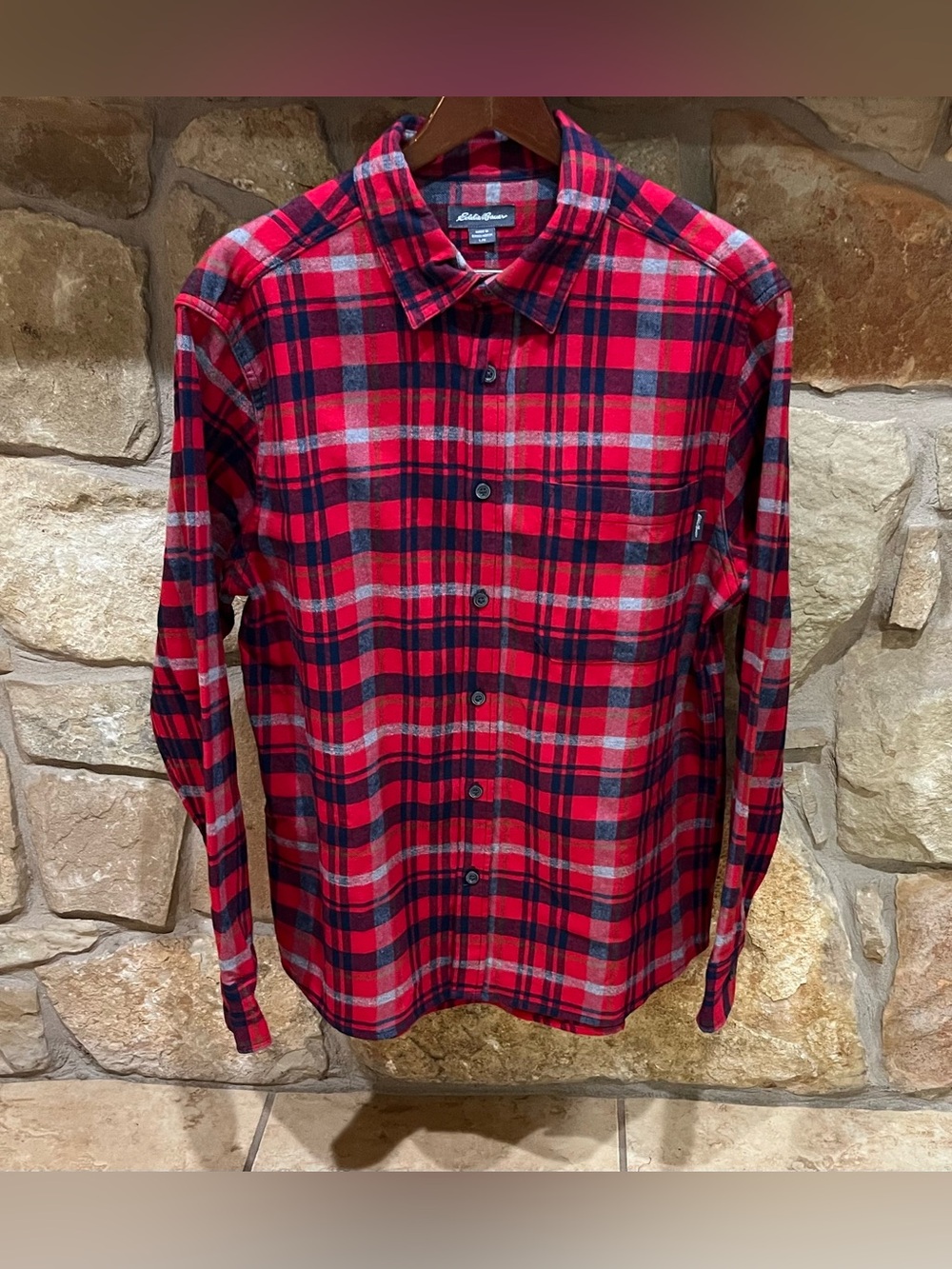 Eddie Bauer Thick Plaid Flannel Shirt Red Blue Gray Men's Large Rugged Casual